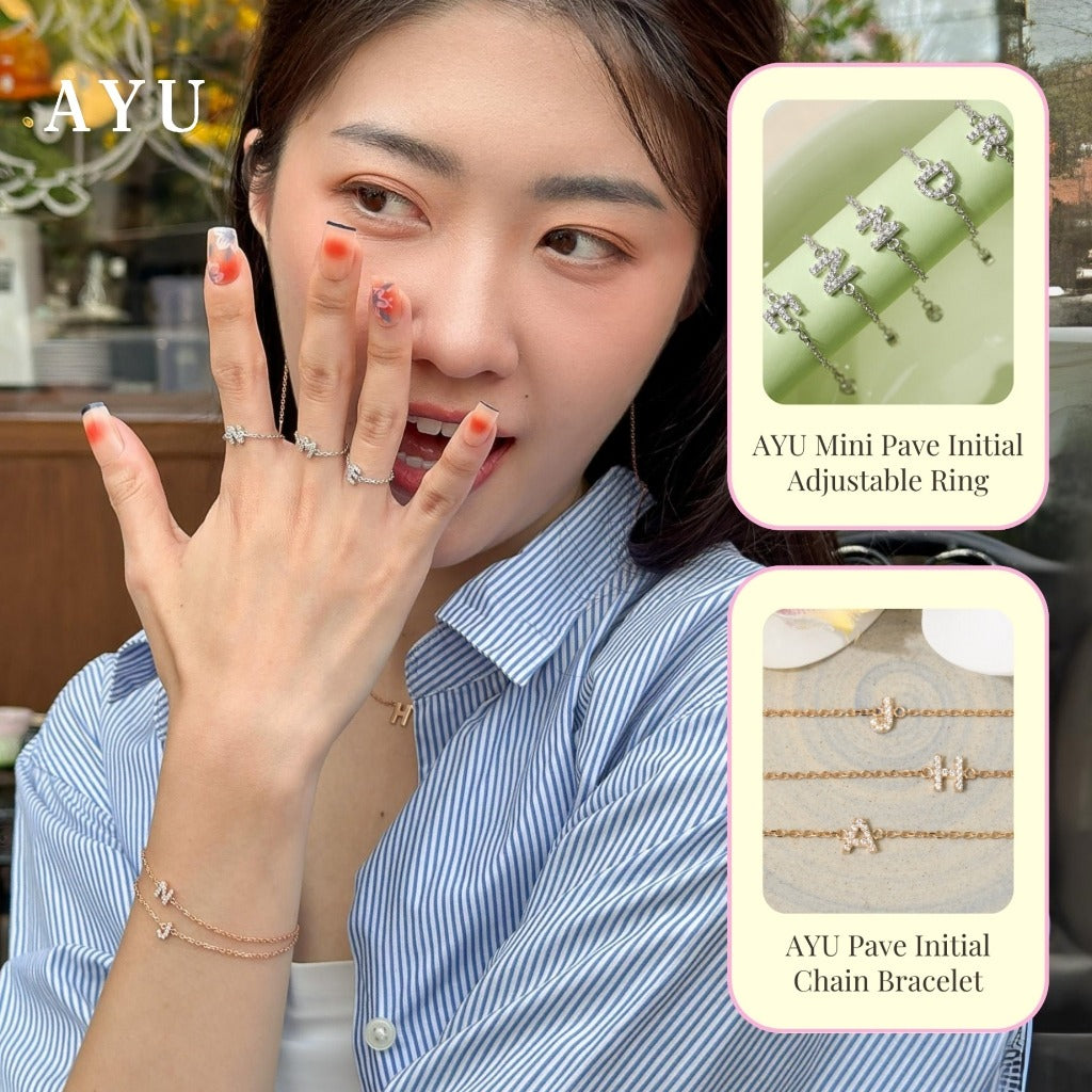 AYU Cincin Emas - Mini Pave Initial Adjustable Ring 17k White Gold