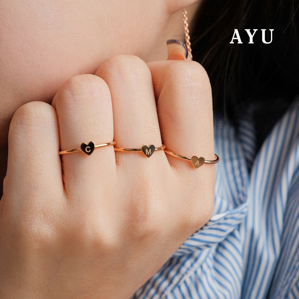 AYU Cincin Emas - Gold Heart Initial Ring 16k Yellow Gold