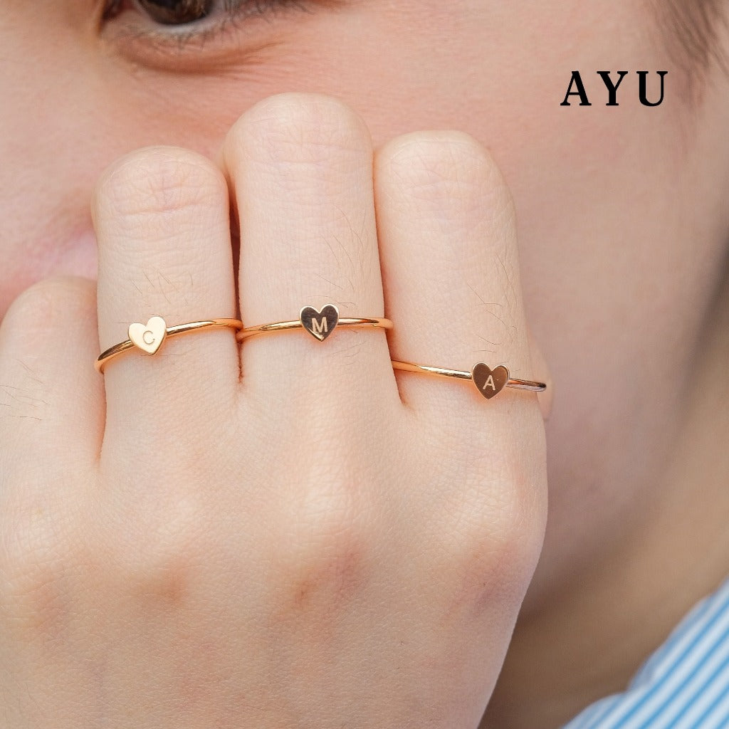 AYU Cincin Emas - Gold Heart Initial Ring 16k Yellow Gold