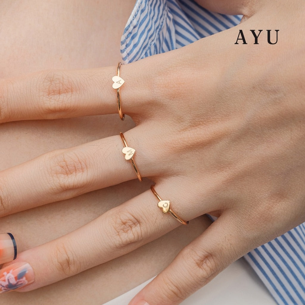 AYU Cincin Emas - Gold Heart Initial Ring 17k Rose Gold