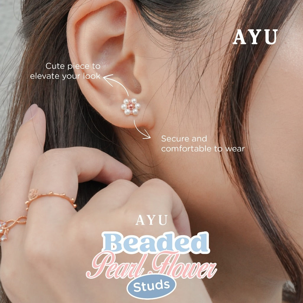 AYU Anting Emas - Beaded Pearl Flower Studs 16k Yellow Gold