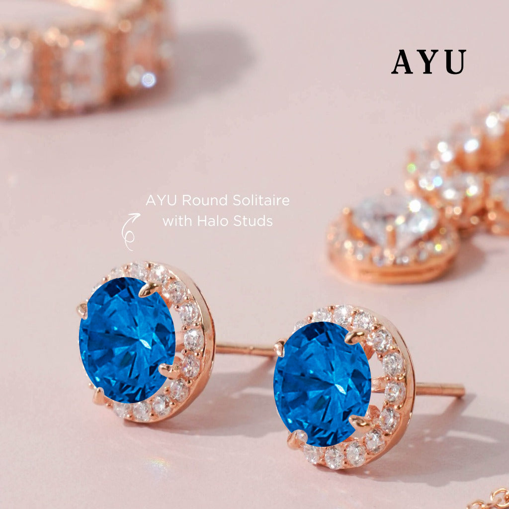AYU Anting Emas Tindik - Round Solitaire With Halo Studs Royal Blue 17K Rose Gold
