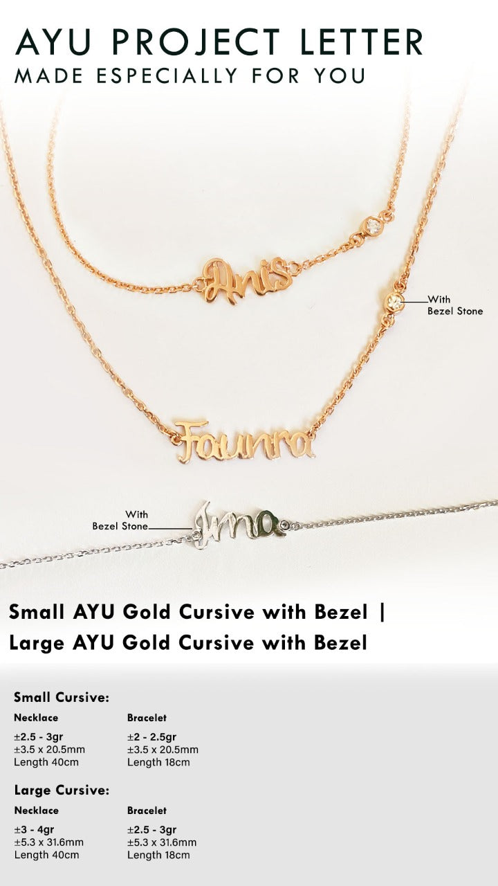 Custom Order PL Necklace Gold Small Cursive With 1 Bezel (Ayasha) 8k Yellow Gold, 30 CM