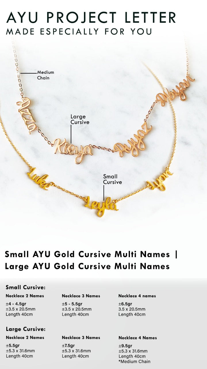 Custom Order PL Necklace Multinames Gold Large Cursive (Drestiani, Alycia) 17K White Gold, 40 CM