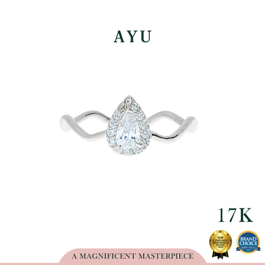 AYU Cincin Emas - Wave With Teardrop Halo Solitaire 17K White Gold