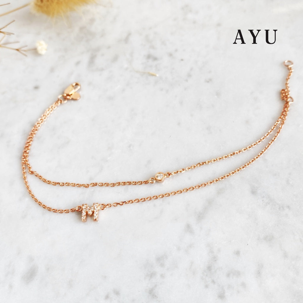 AYU Gelang Emas - Pave Initial Double Layer With Bezel Chain Bracelet 16K Yellow Gold