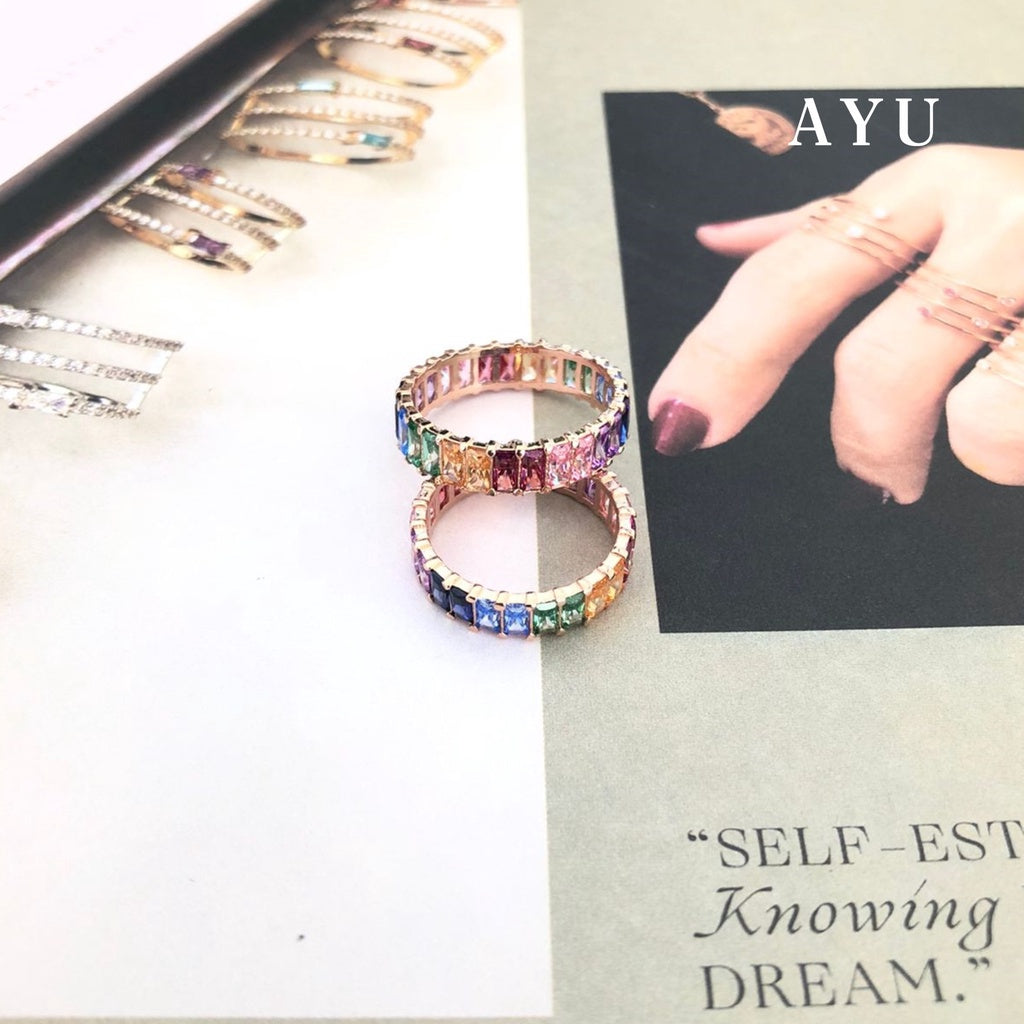 AYU Cincin Emas - Baguette Eternity Ring Rainbow 17k Rose Gold