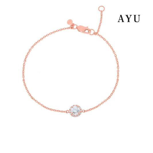 AYU Gelang Emas-Round Solitaire With Halo Chain Bracelet 17k Rose Gold