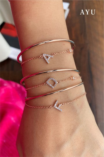 AYU Gelang Emas - Duo Initial Bangle Rainbow Pink Bezel Stone 16K Yellow Gold