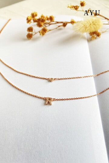 AYU Pave Initial Double Layer With Bezel Chain Necklace 17k