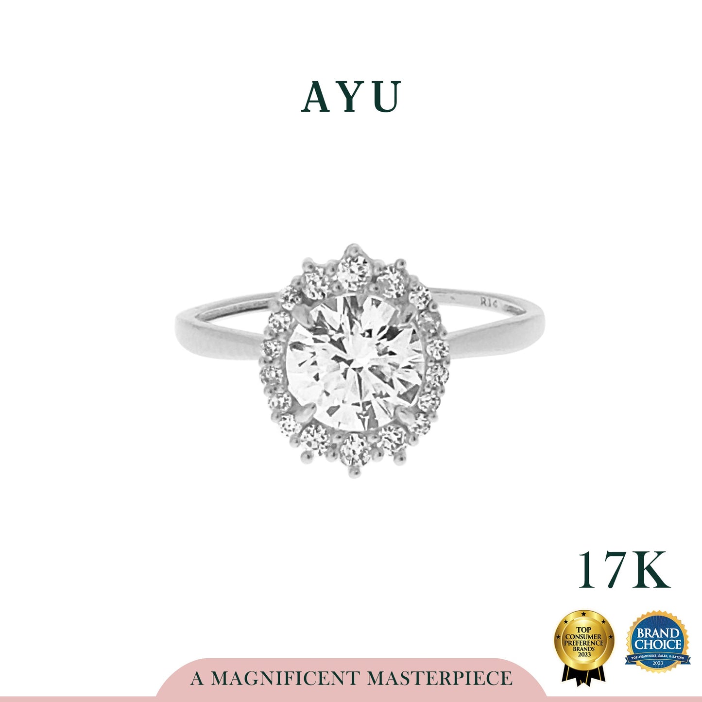 AYU Cincin Emas - Round Solitaire With Grecian Halo 17K White Gold