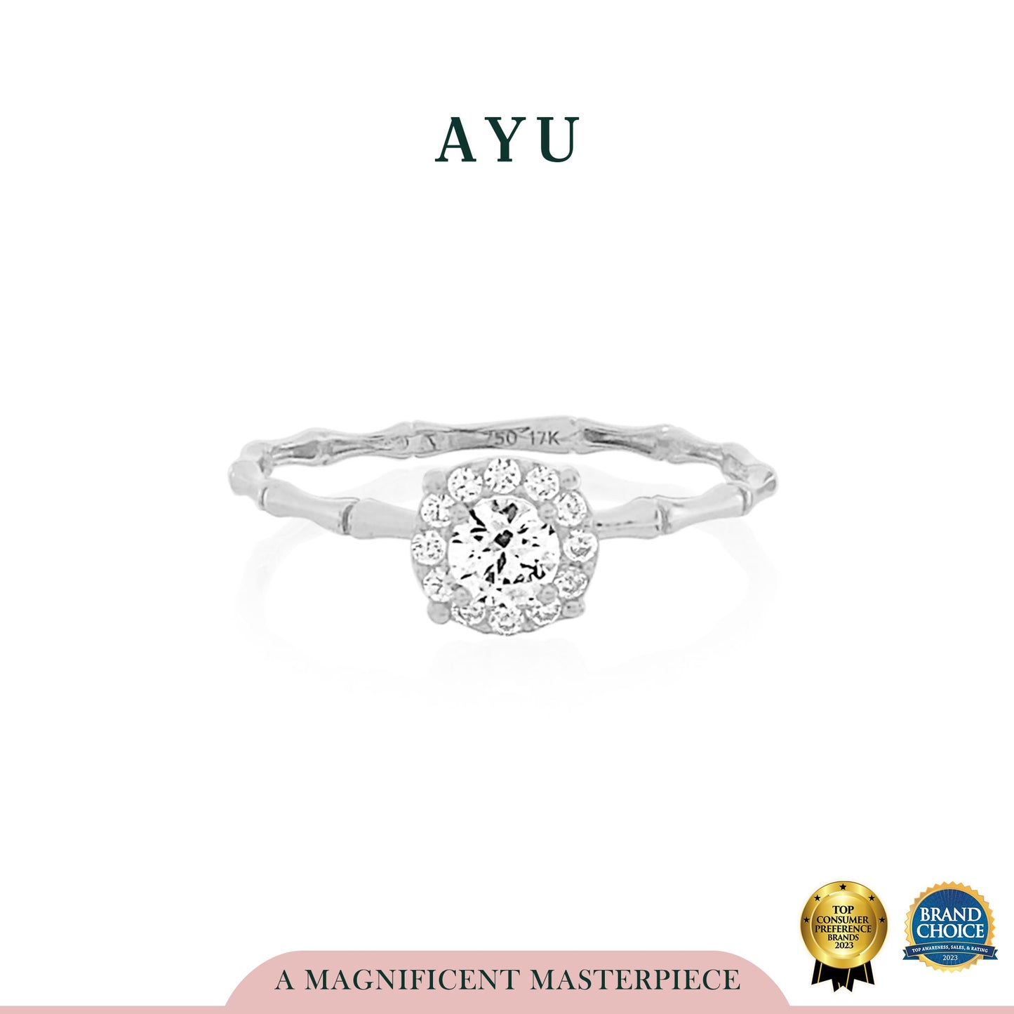 AYU Cincin Emas - Round Solitaire Bamboo 17K White Gold