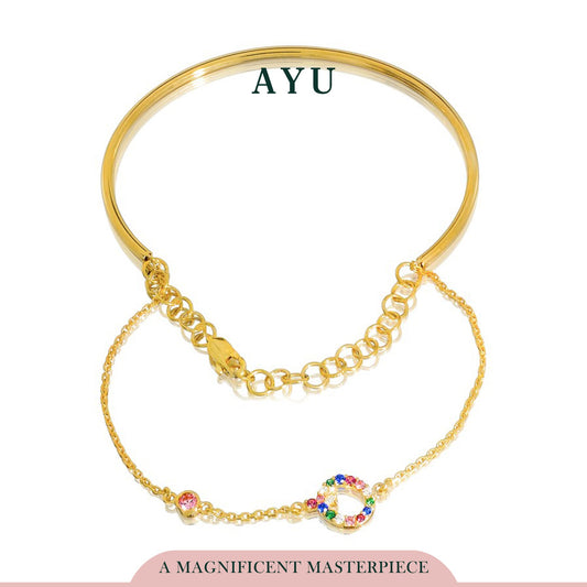 AYU Gelang Emas - Duo Initial Bangle Rainbow Pink Bezel Stone 16K Yellow Gold