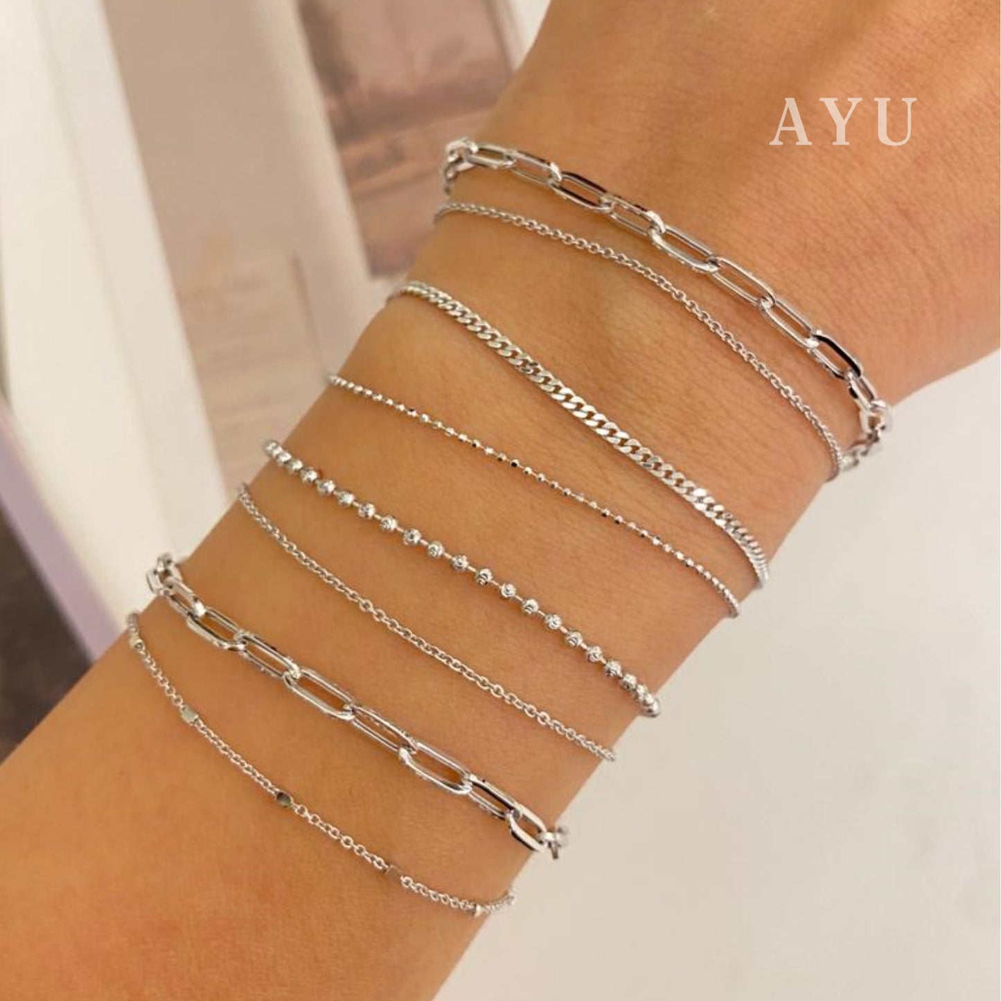 AYU Gelang Emas - Double Layer Medium Paper Clip And Bling Beads Bracelet 17k White Gold