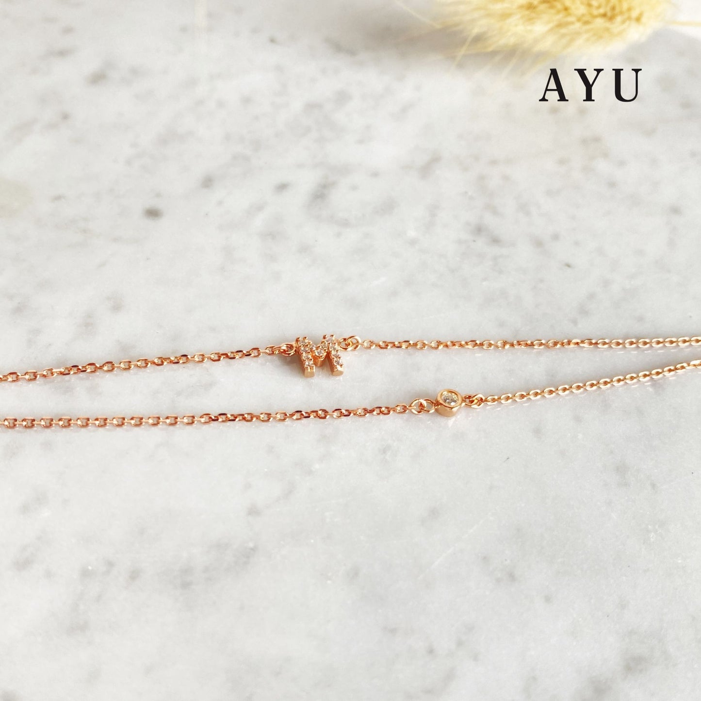 AYU PAVE INITIAL DOUBLE LAYER WITH BEZEL CHAIN NECKLACE 16K YELLOW GOLD
