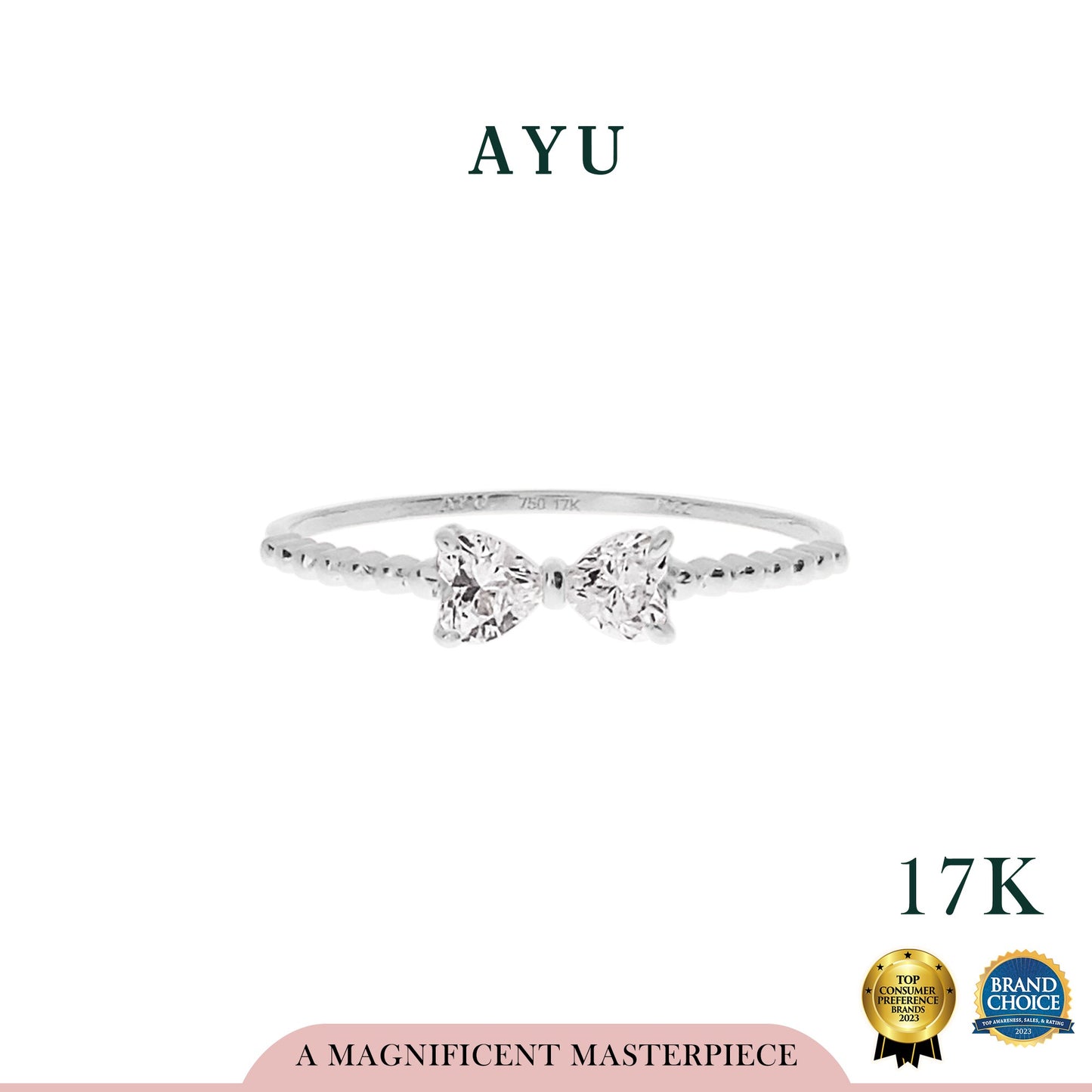 AYU Cincin Emas - Bow Hearts With Beaded Ring 17K White Gold