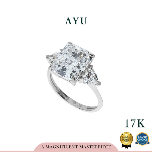 AYU GLAM EMERALD TRILOGY SOLITAIRE RING 17K WHITE GOLD
