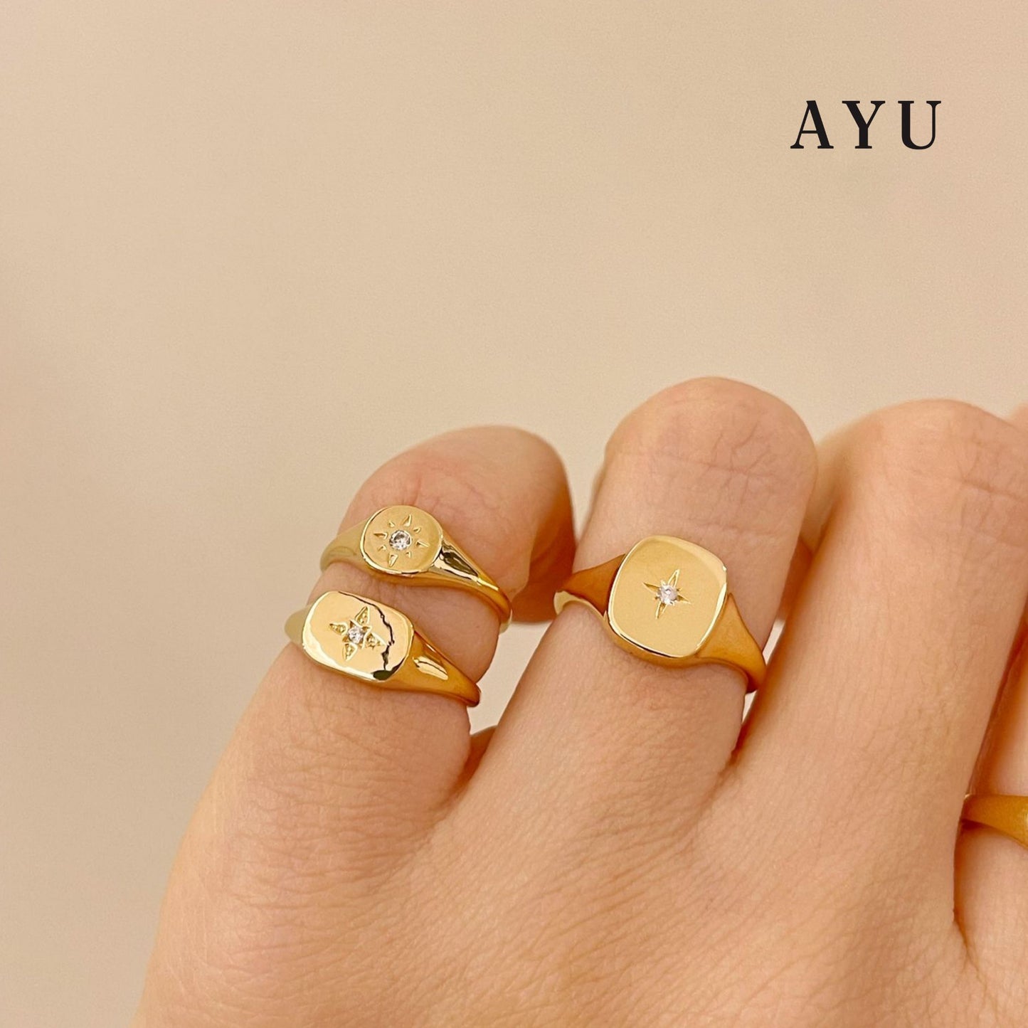 AYU Cincin Emas - Rectangle Star Signet Ring 17K Rose Gold