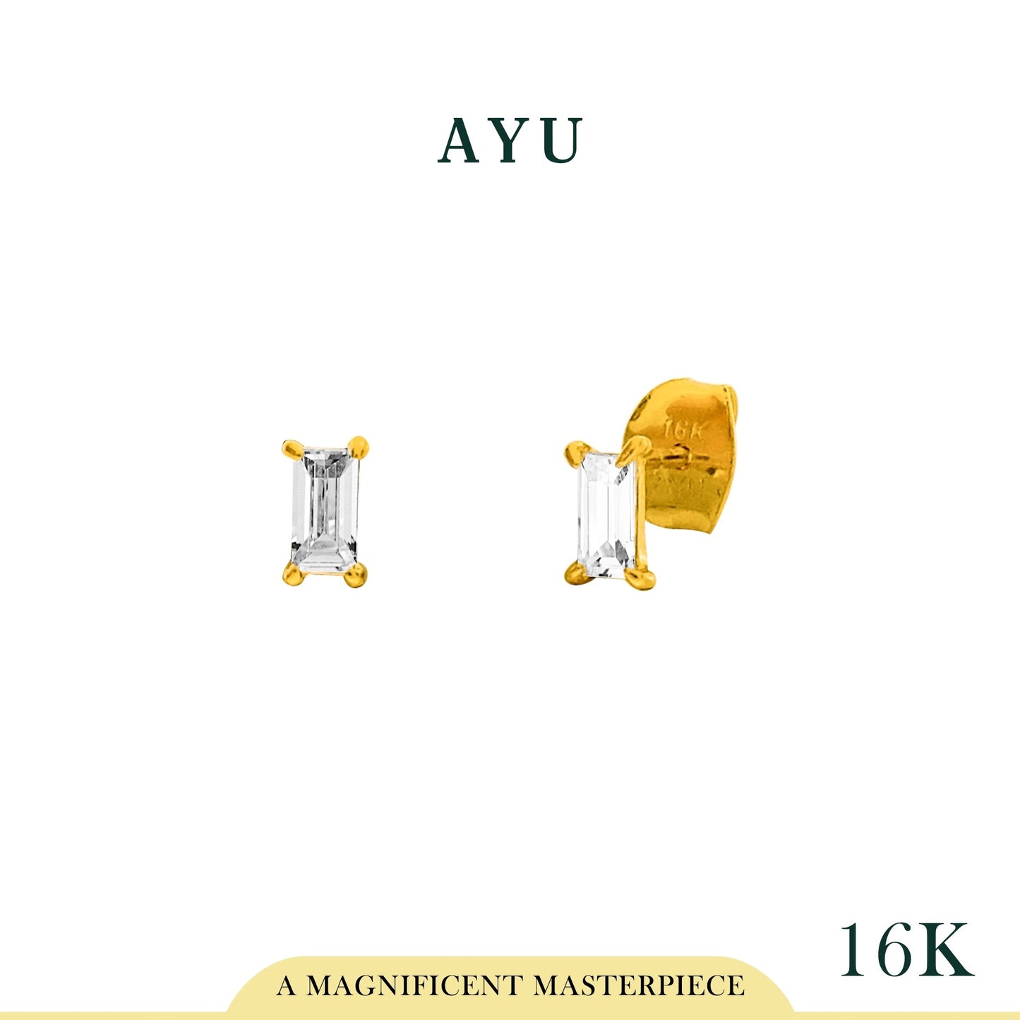 AYU Anting Emas Tindik - Baguette 4 Prong Studs 16K Yellow Gold