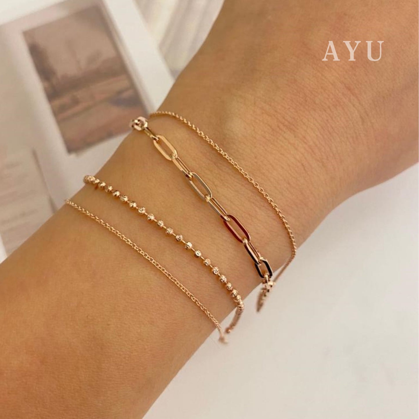 AYU Double Layer Paper Clip And Bling Beads Bracelet 17k Rose Gold