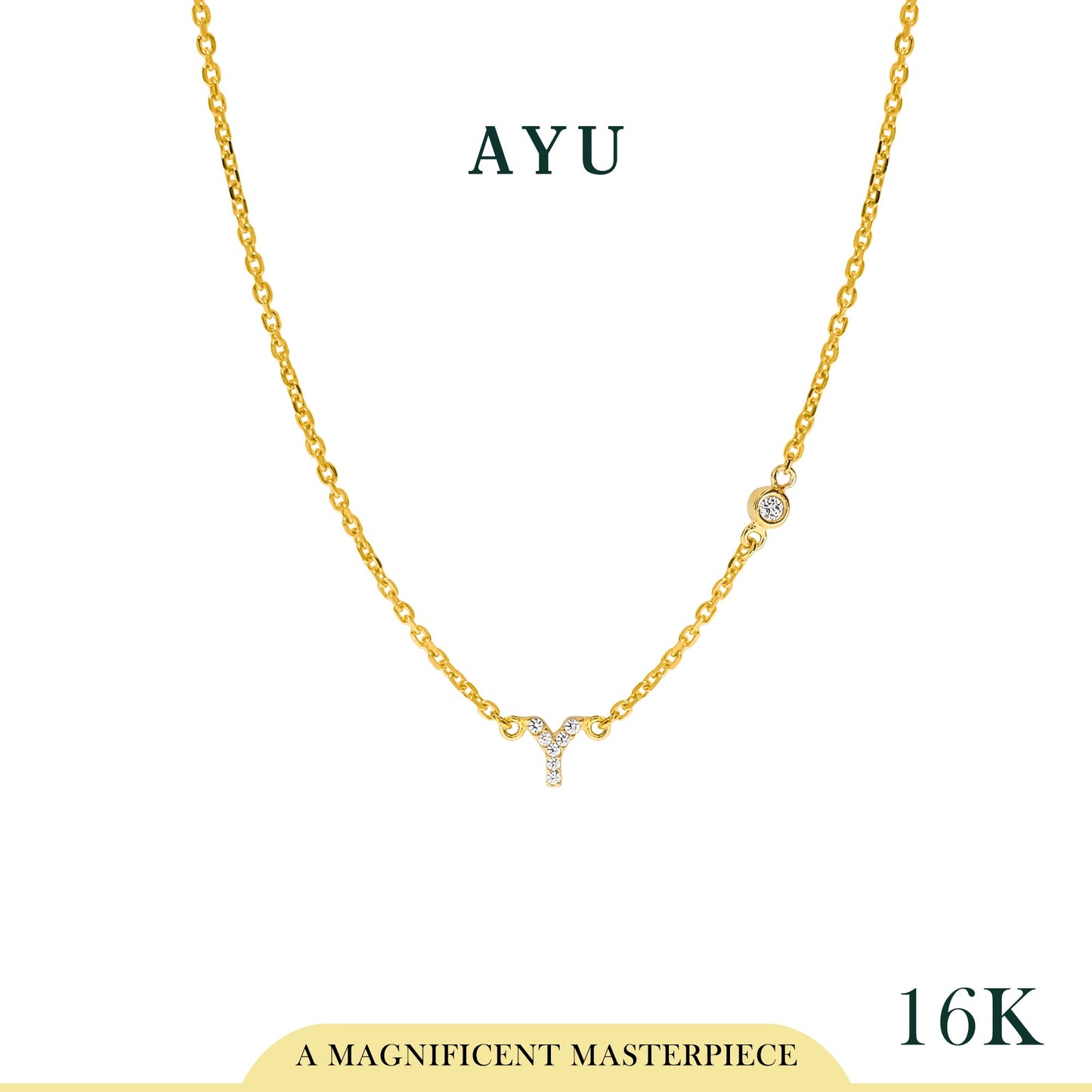 AYU Kalung Emas - Pave Initial With Mini Bezel Chain Necklace 16k Yellow Gold