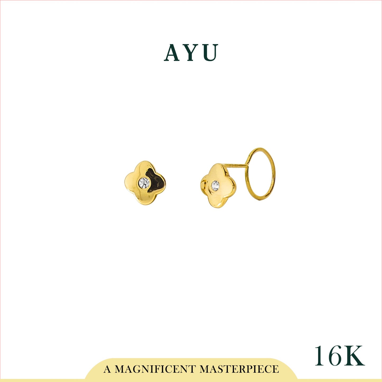 AYU Anting Emas Toge - Clover Single Round Stone Round Loop 16K Yellow Gold