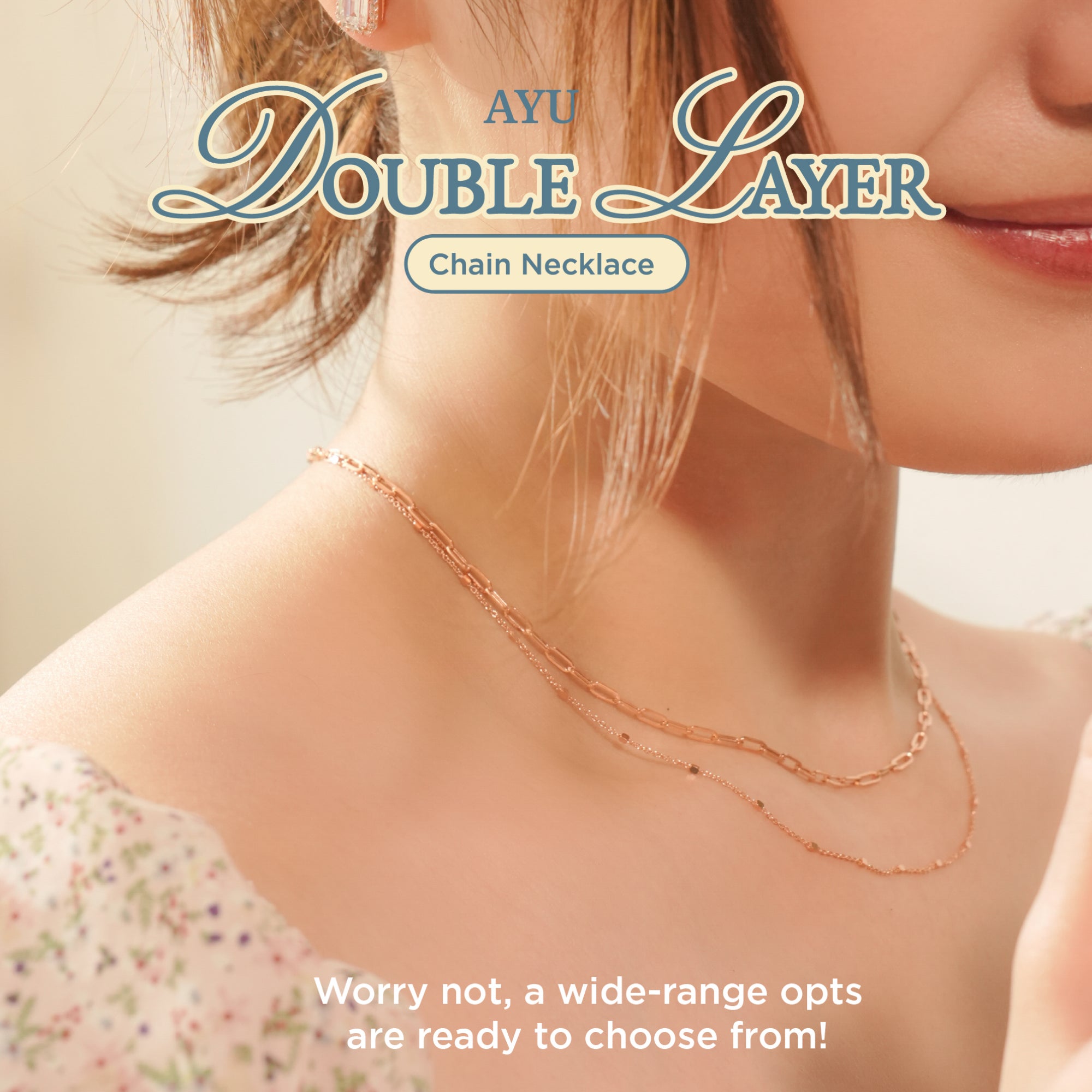AYU Kalung Emas - Double Layer Paper Clip And Bling Beads Necklace 17k Rose Gold