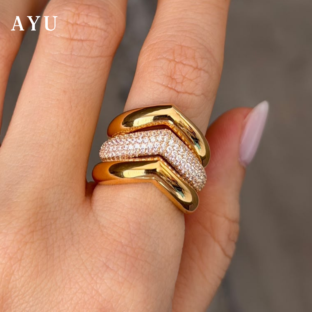 AYU Cincin Emas - Pave Chevron Globe Ring 16k Yellow Gold