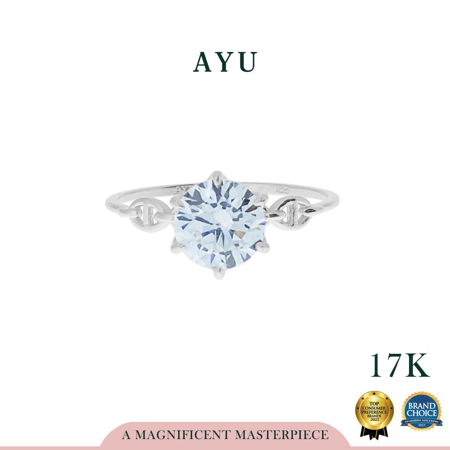 AYU 6 PRONG SOLITAIRE WITH OVAL LINK RING 17K WHITE GOLD