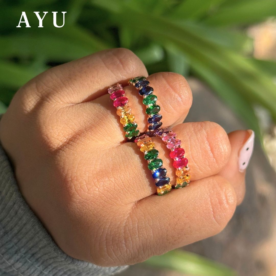 AYU Cincin Emas - Oval Eternity Ring Rainbow Stone 17k Rose Gold