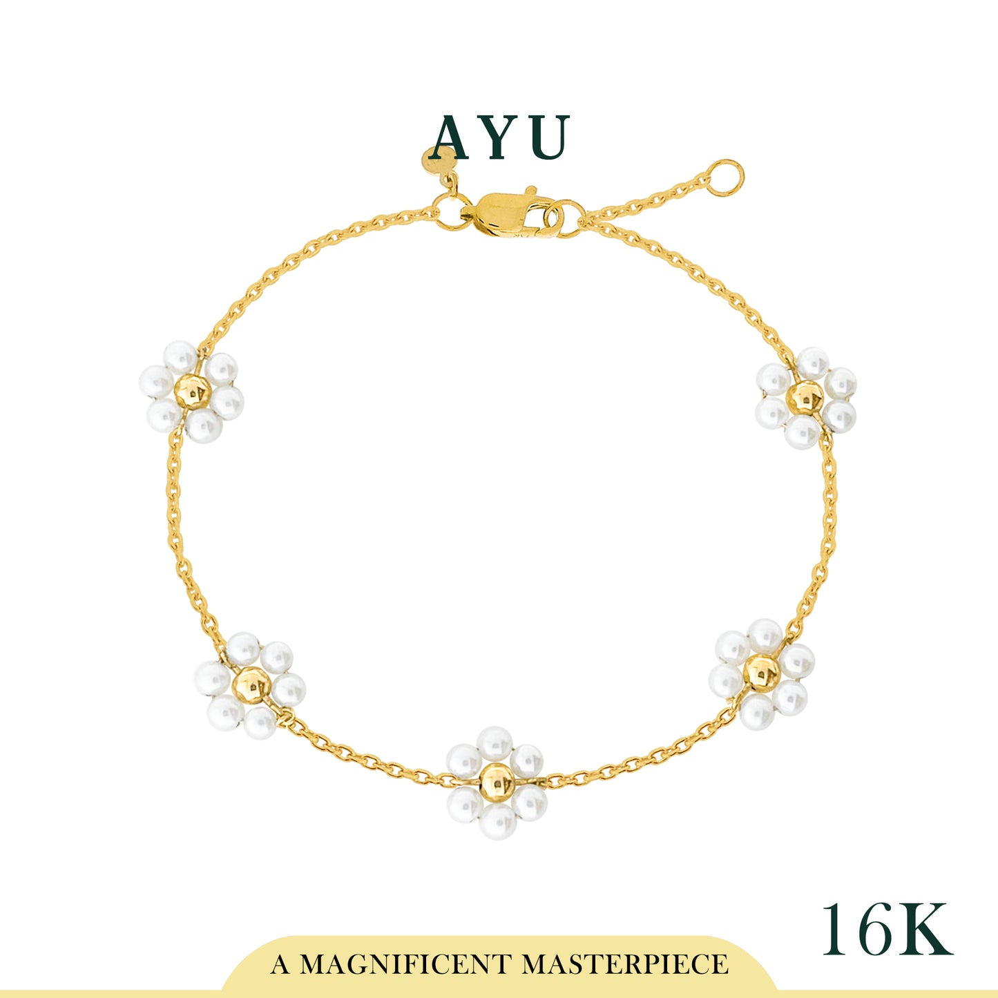 AYU Gelang Emas - 5 Beaded Pearl Flower Bracelet 16k Yellow Gold