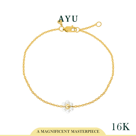 AYU Gelang Emas - Small Beaded Pearl Flower Bracelet 16k Yellow Gold