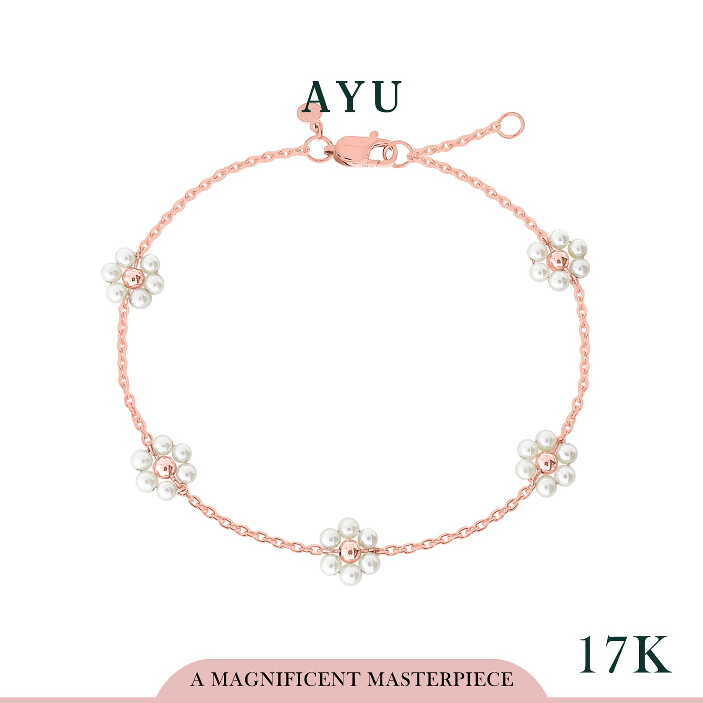 AYU Gelang Emas - 5 Beaded Pearl Flower Bracelet 17k Rose Gold