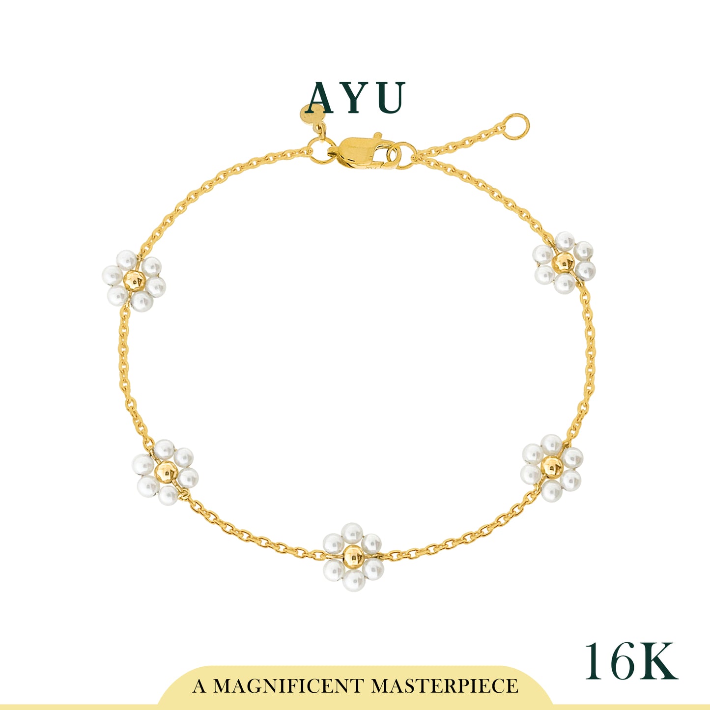 AYU Gelang Emas - 5 Beaded Pearl Flower Bracelet 16k Yellow Gold