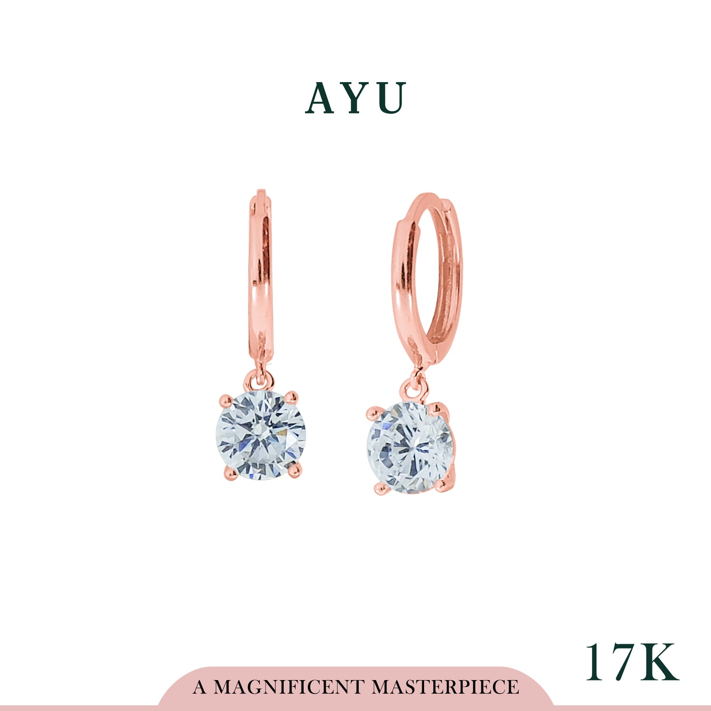 AYU Anting Emas - Gold Dougnut With Dangle 4 Prong Round Solitaire 17K Rose Gold