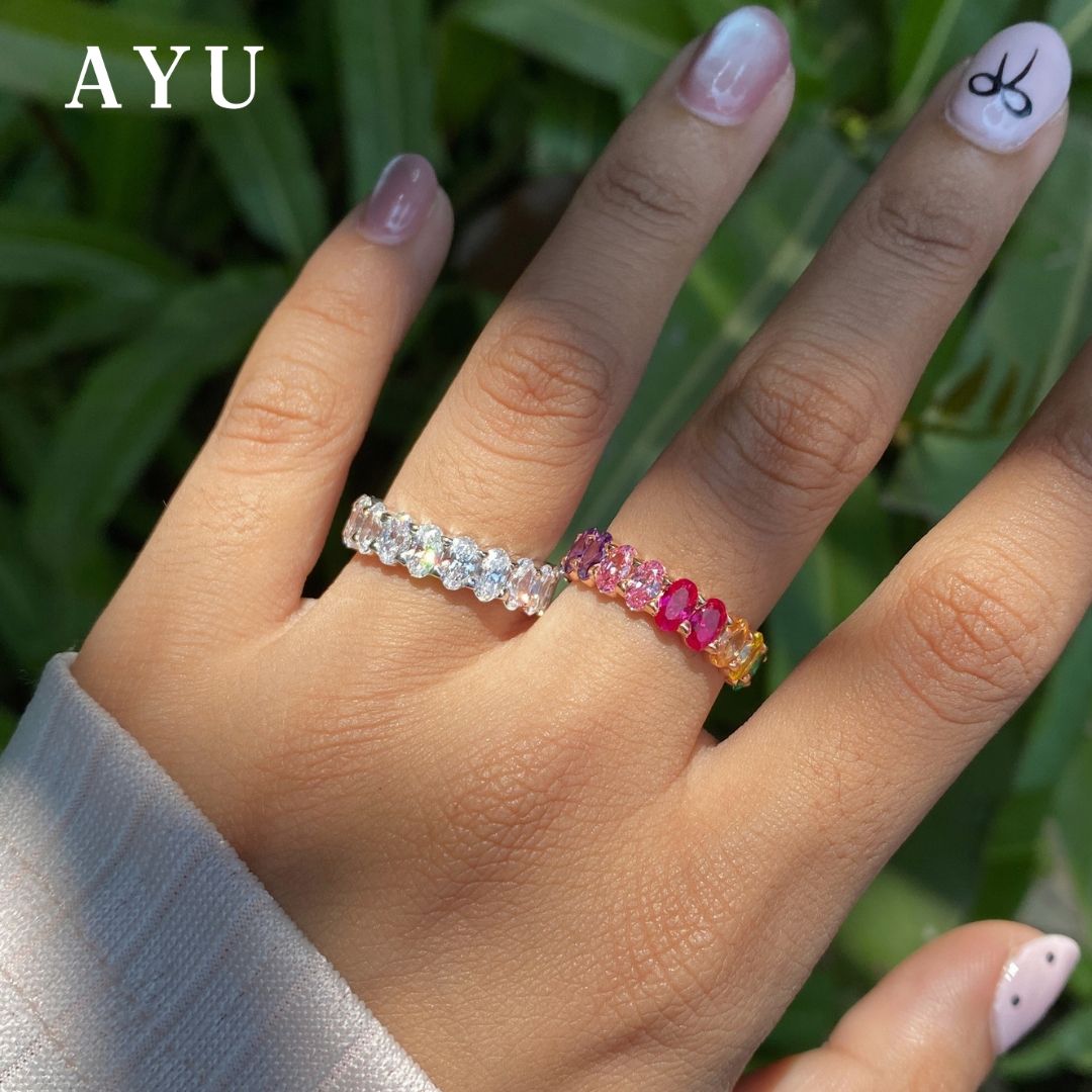 AYU Cincin Emas - Oval Eternity Ring Rainbow Stone 17k Rose Gold