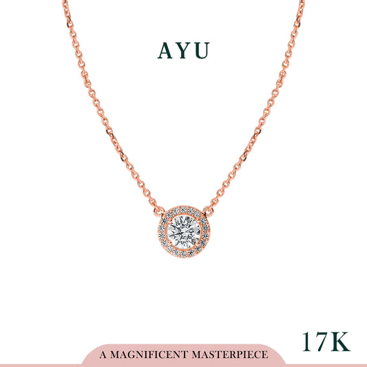 AYU Kalung Emas-Round Solitaire With Halo Chain Necklace 17k Rose Gold