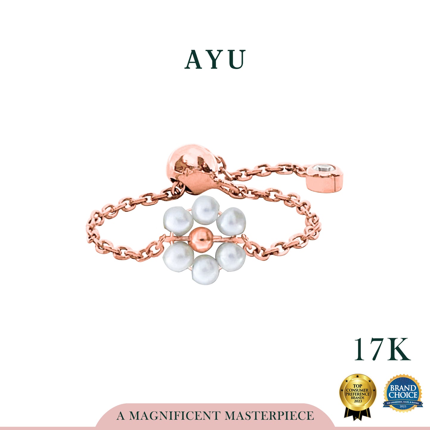 AYU Cincin Emas - Beaded Pearl Flower Adjustable Ring 17k Rose Gold