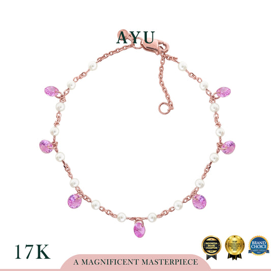 AYU Gelang Emas - Mini Pearl With Candy Pop Pastel Pink Chain Bracelet 17k Rose Gold