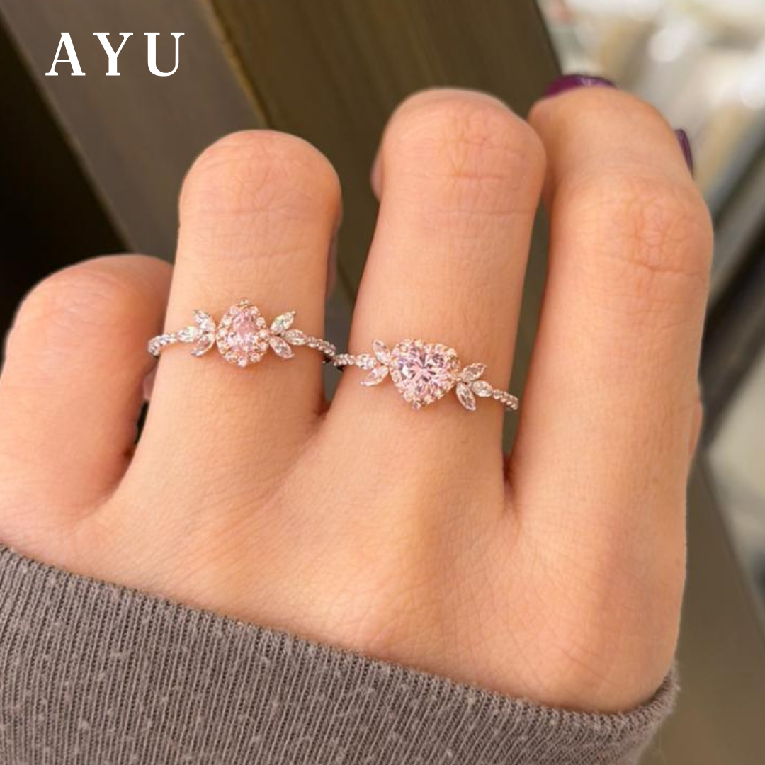 AYU Cincin Emas - Teardrop Halo Angel Vine Everbloom Solitaire 17k Rose Gold