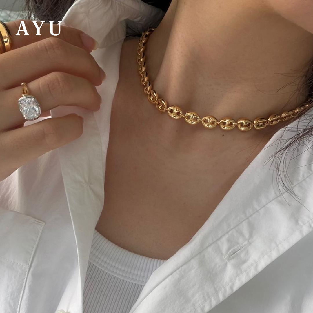 AYU Kalung Emas - Large Gold Chubby Oval Link Chain Necklace 16k Yellow Gold