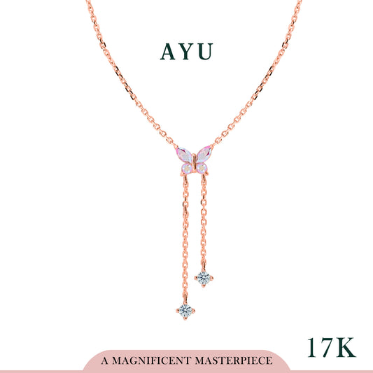 AYU Kalung Emas - Magical Fluttering Butterfly Lariat Chain Necklace 17k Rose Gold