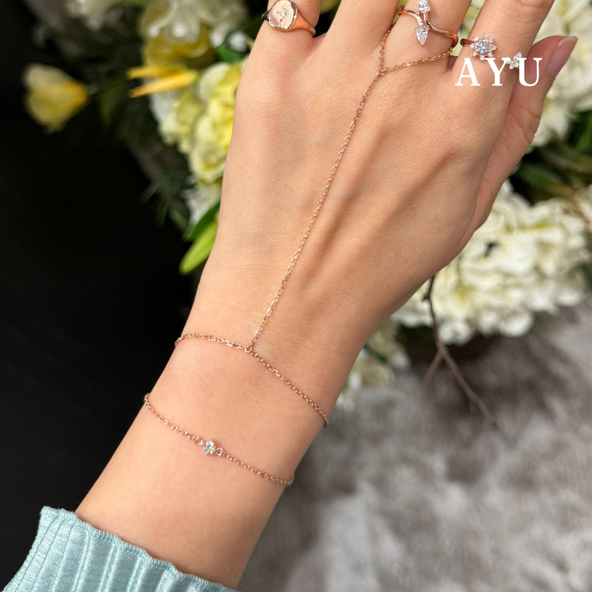 AYU Mini Solitaire Double Layer Hand Chain Bracelet 17k Rose Gold