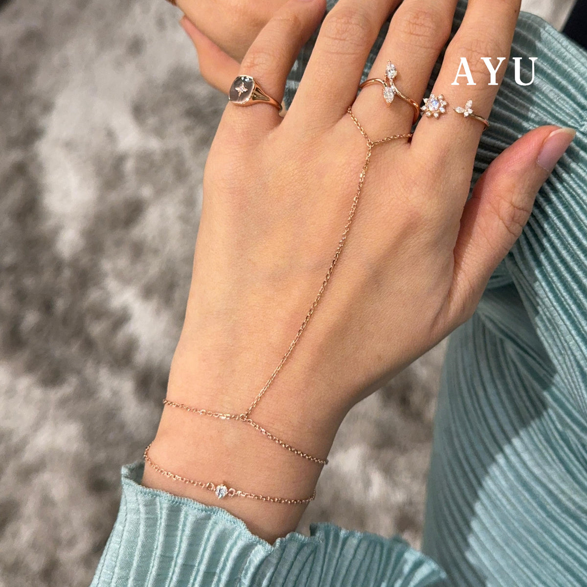 AYU Mini Solitaire Double Layer Hand Chain Bracelet 17k Rose Gold
