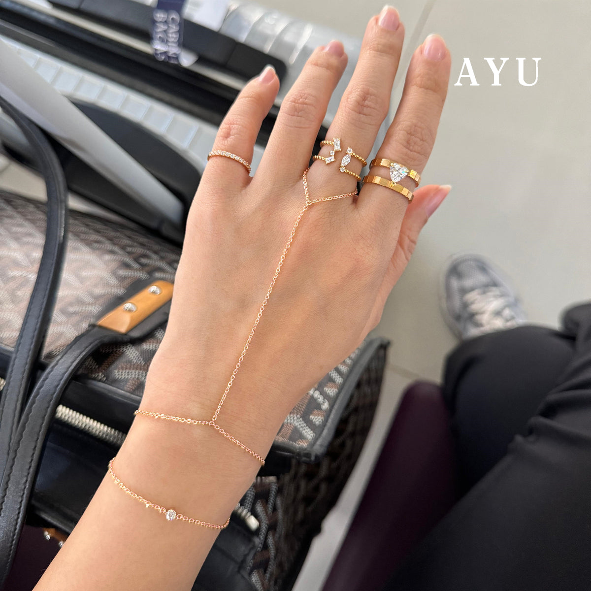 AYU Mini Solitaire Double Layer Hand Chain Bracelet 17k Rose Gold