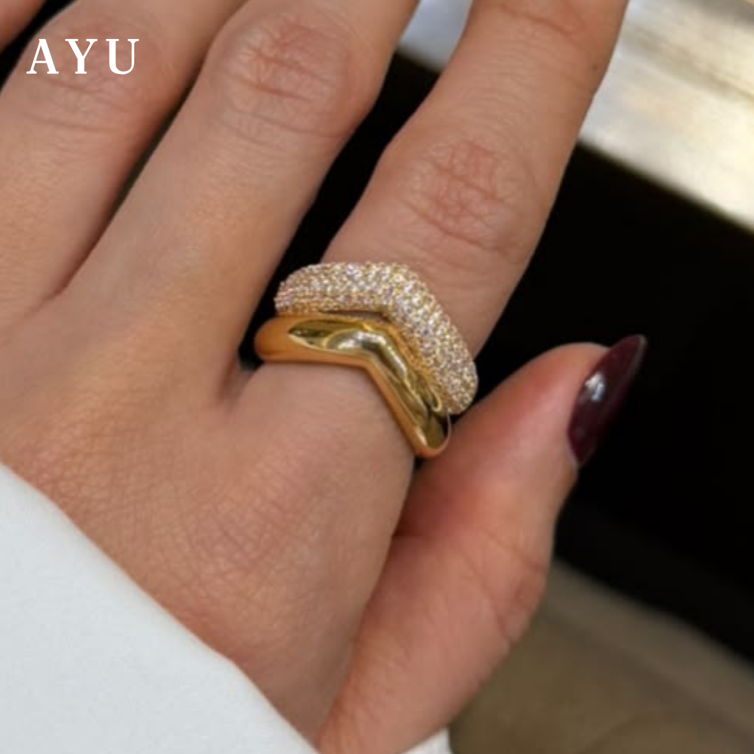 AYU Cincin Emas - Pave Chevron Globe Ring 16k Yellow Gold