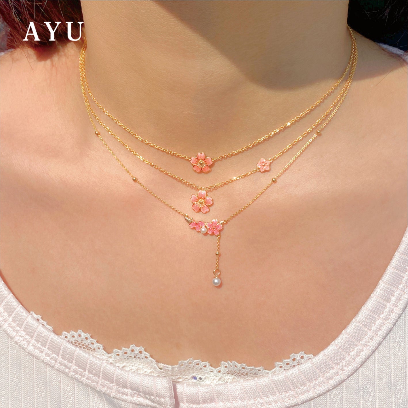AYU Kalung Emas - Blush Sakura Chain Necklace 16k Yellow Gold
