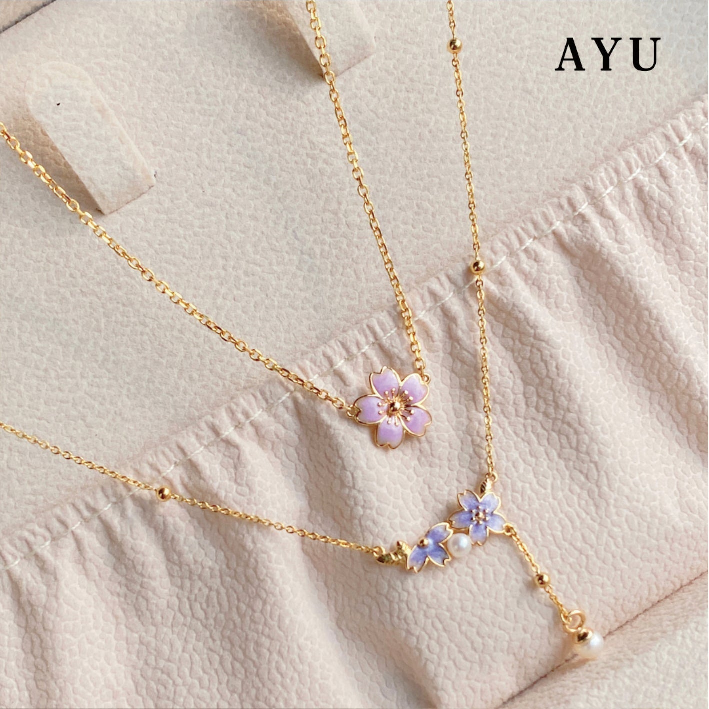 AYU Kalung Emas - Spring Sakura Pearl Lariat Chain Necklace 16k Yellow Gold