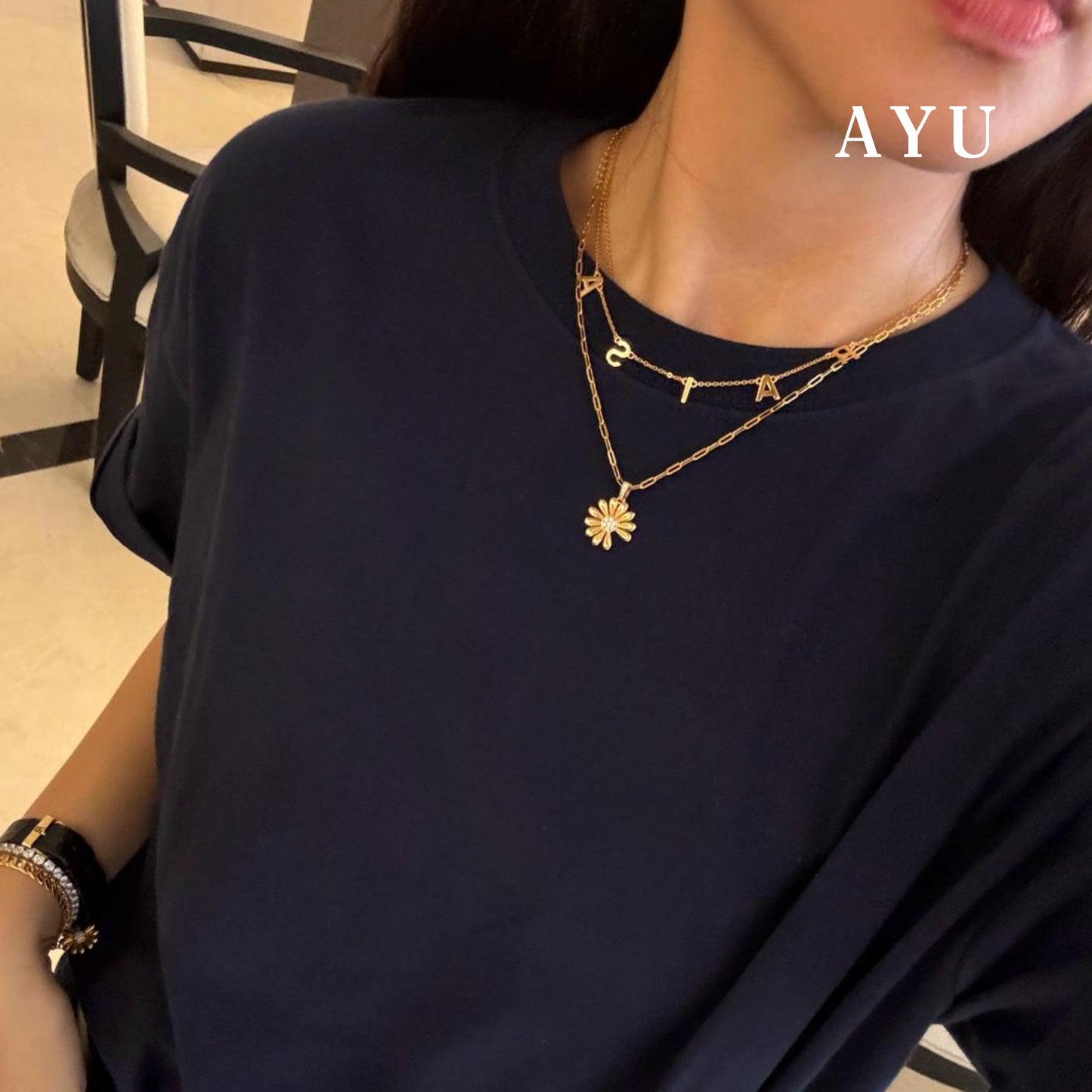 AYU Kalung Emas - Golden G Daisy Paper Clip Necklace 17k Rose Gold