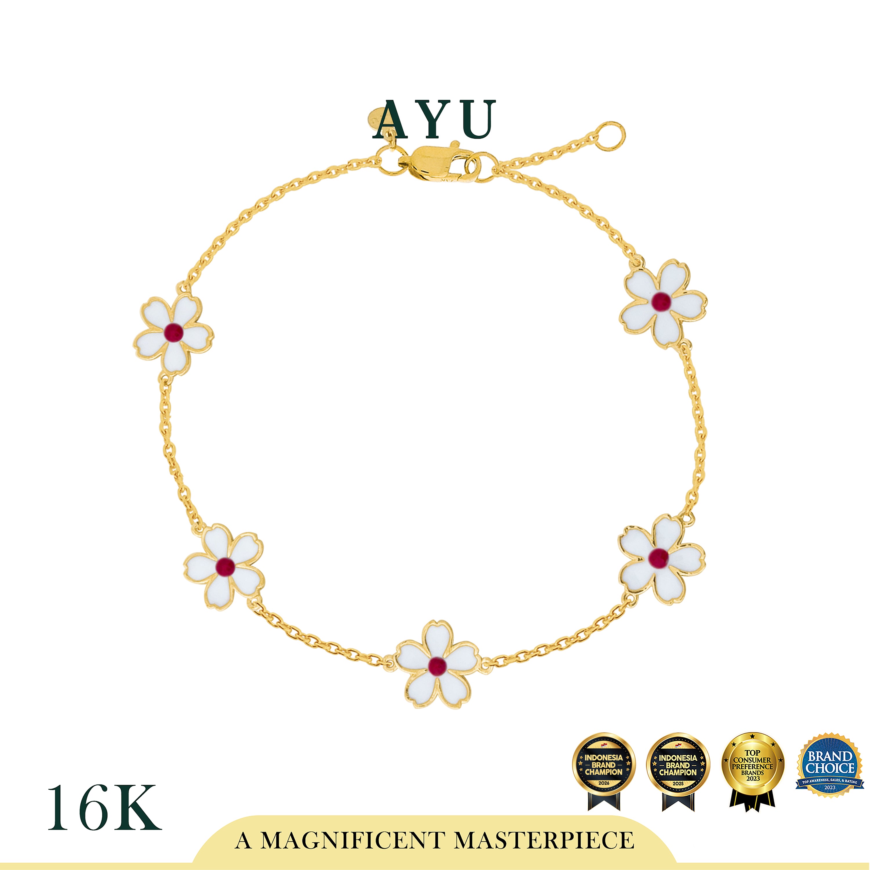 AYU Gelang Emas - 5 Kawaii Sakura Chain Bracelet 16k Yellow Gold